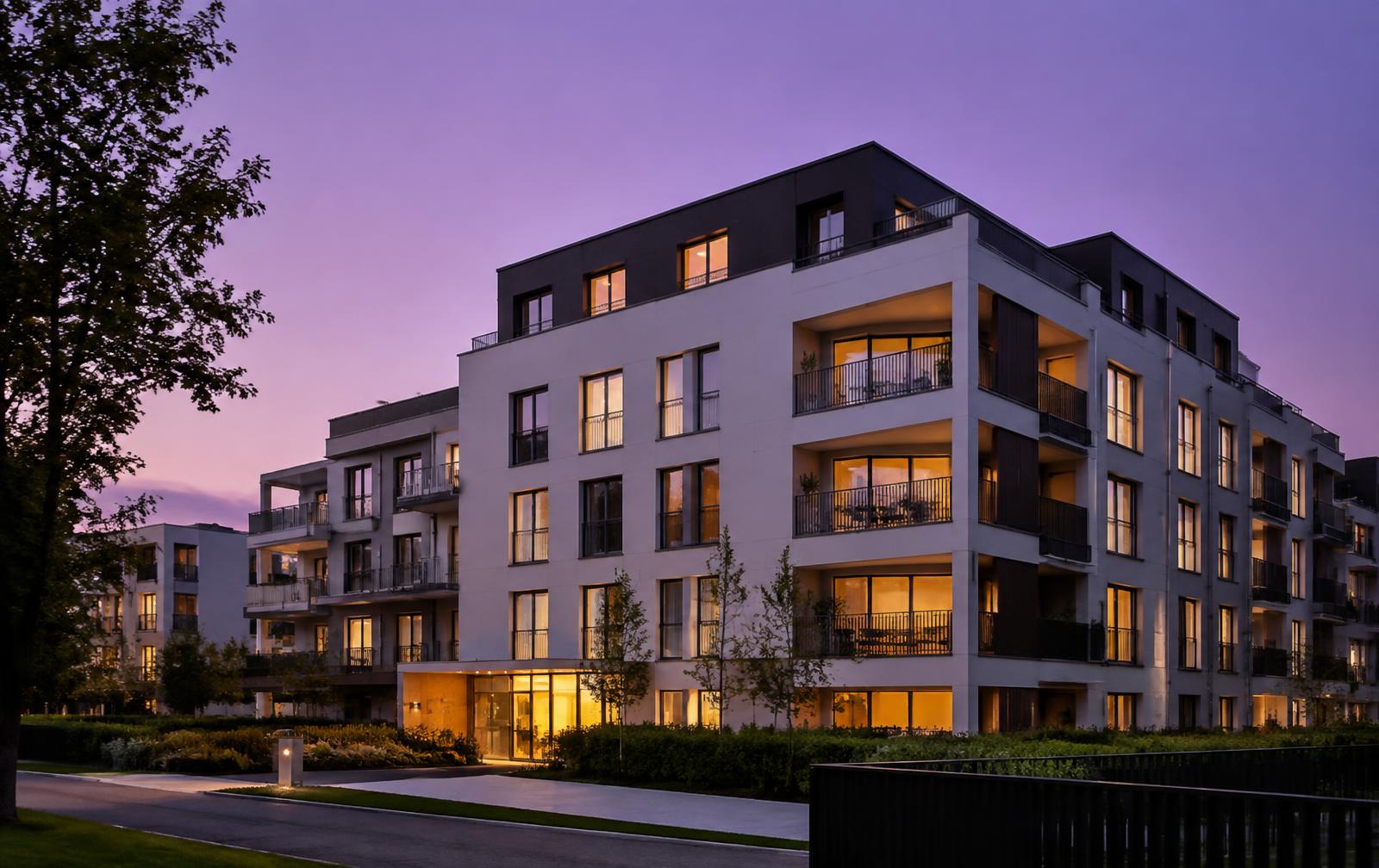 Modern apartment building at dusk